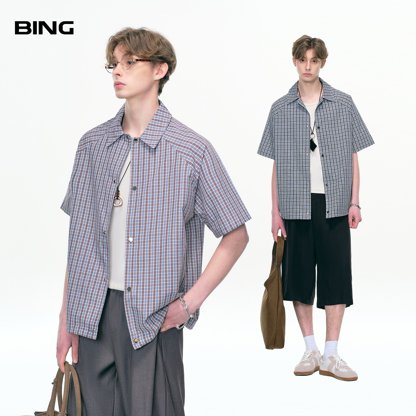 BING 格子短袖衬衫男士夏季新款复古廓形下摆抽绳学院风纯棉衬衣