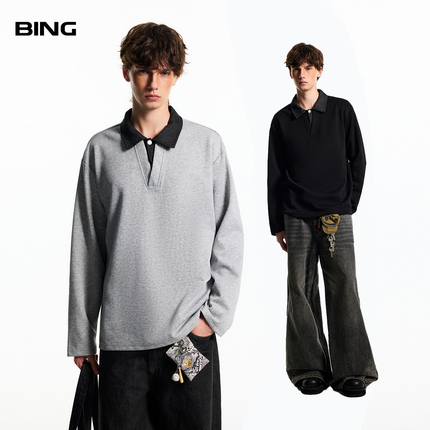 BING 假两件长袖T恤男士2026年春秋新款POLO领老钱风打底衫上衣服
