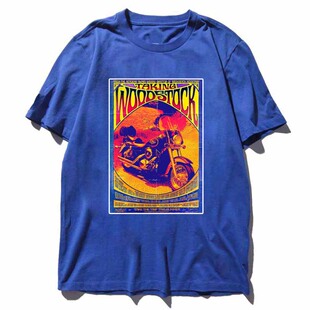 伍德斯托克音乐节摩托车海报印花纯棉宽松T恤