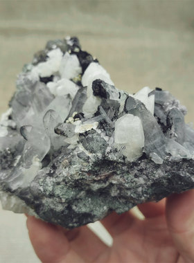 L126天然水晶共生黄铜矿矿物晶体矿标原石观赏石摆件calcite