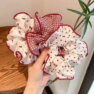 （甜美红色儿童格子大肠发圈）蝴蝶结发绳女孩扎丸子头高弹力发圈