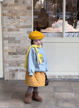 灰色休闲卫衣绗缝黄色条绒裙套复合夹棉加绒