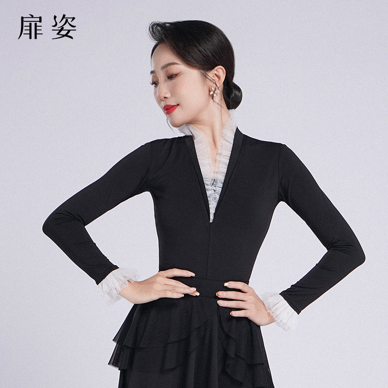 扉姿 摩登舞上衣女交谊舞服拉丁舞练功服长袖跳舞连体衣F1114
