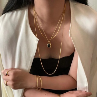 7080厘米可调节叠戴盒子链蛇骨链肖邦银项链女超长款 毛衣链子镀金