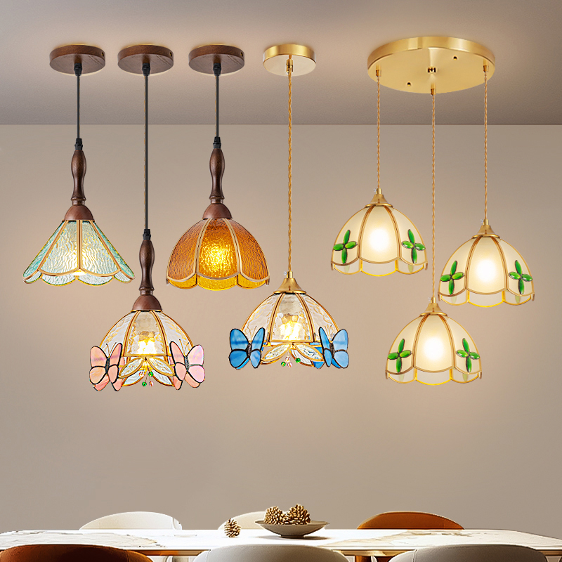 新款轻奢创意单头餐厅吧台阳台灯中古风格彩色复古卧室床头小吊灯