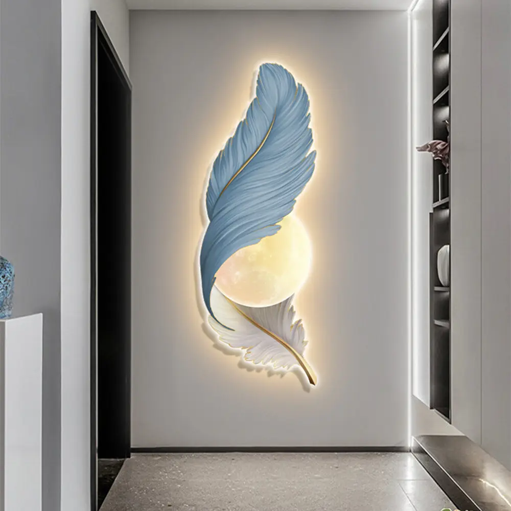 轻奢羽毛装饰画3D立体玄关无框LED背光客厅挂画高级感现代艺术画