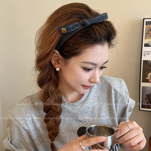 复古甜美发卡发箍女2025新款高级感牛仔蓝蝴蝶结头箍百搭气质发饰