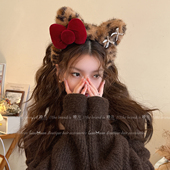 秋冬甜美豹纹毛绒发箍女2025新款 可爱猫咪蝴蝶结洗脸头箍防滑发卡