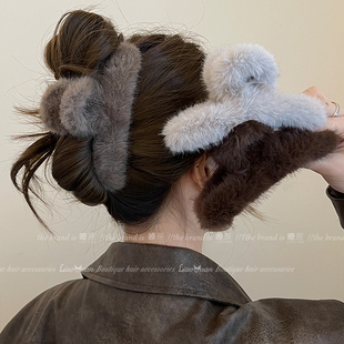 复古秋冬大号毛毛绒抓夹女高级感2025新款鲨鱼夹发量多发夹后脑勺