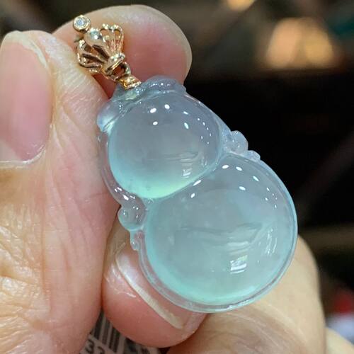 缅甸天然翡翠A货高冰种葫芦挂件18k金镶嵌玉石葫芦吊坠8533