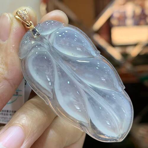翡翠A货冰种起光木纳雪花棉玉叶吊坠金枝玉叶挂件18K金扣 3254