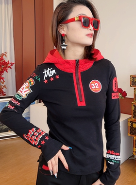 KM80046长袖印花连帽T恤打底衫