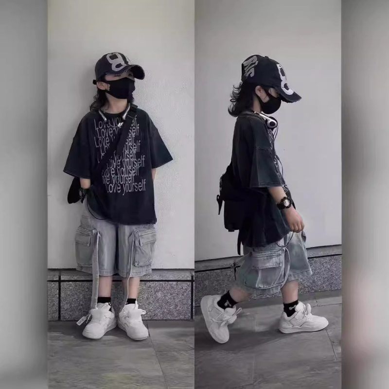 宝全服饰儿童24款小众水洗复古做旧痞帅短袖T恤男女童潮牌中大童