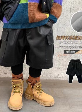 冬季加绒儿童PU皮中裤宝宝假两件连体打底裤男孩女孩