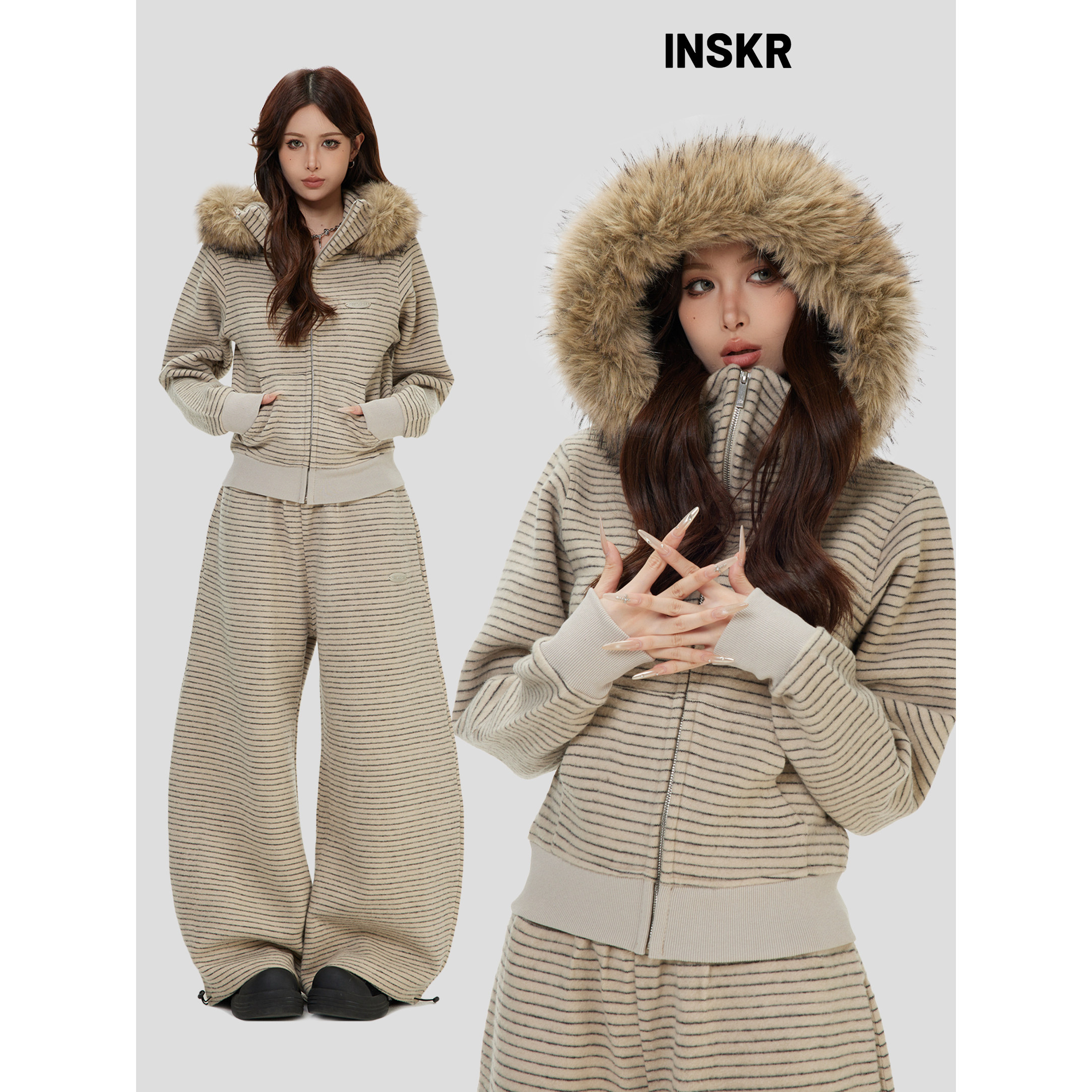 【INSKR】国潮美式「绒感条纹毛领卫衣休闲套装」短款拉链外套女,男装,卫衣,淘宝优惠券,粉丝福利购,淘宝优惠卷