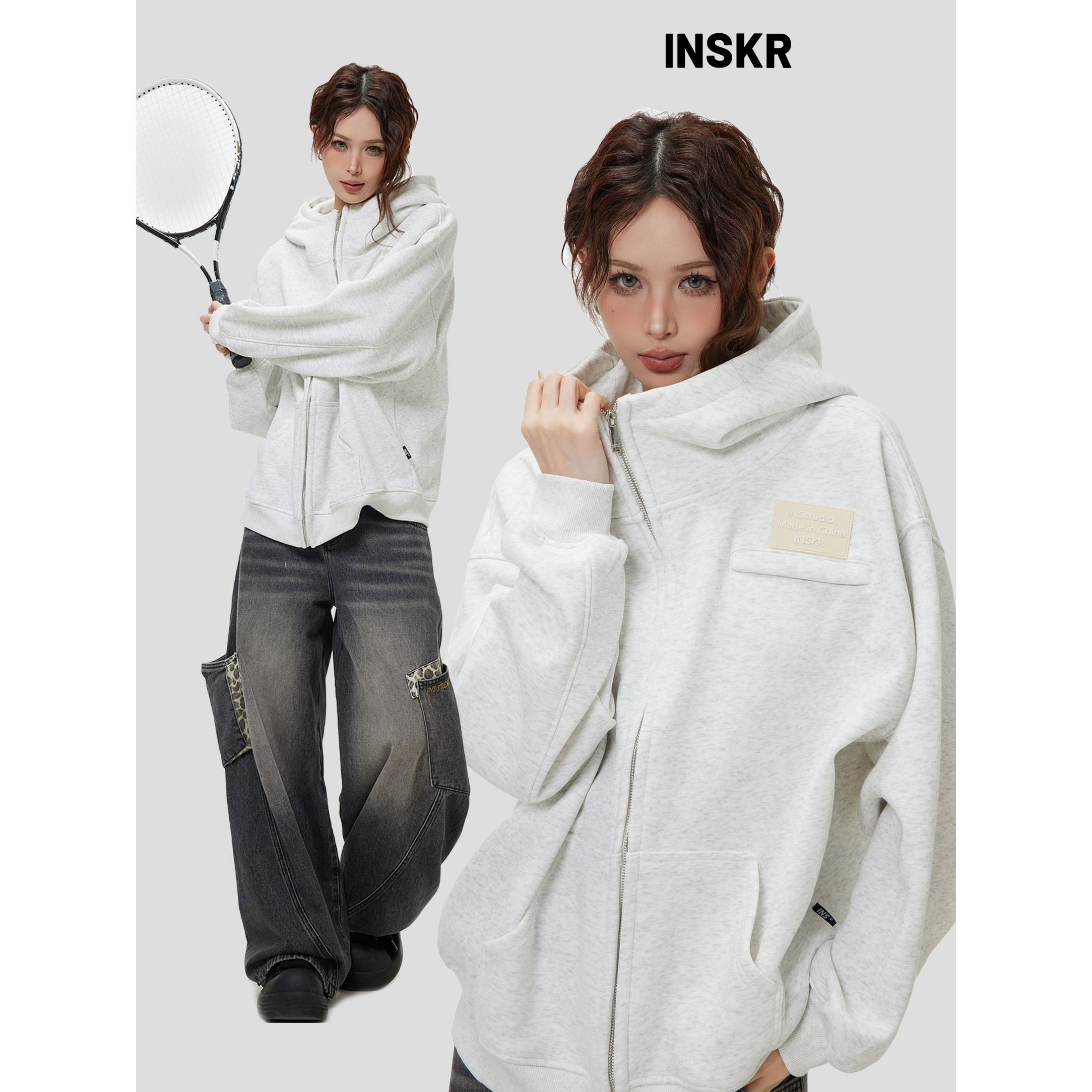 【INSKR】胶标LOGO高领连帽卫衣