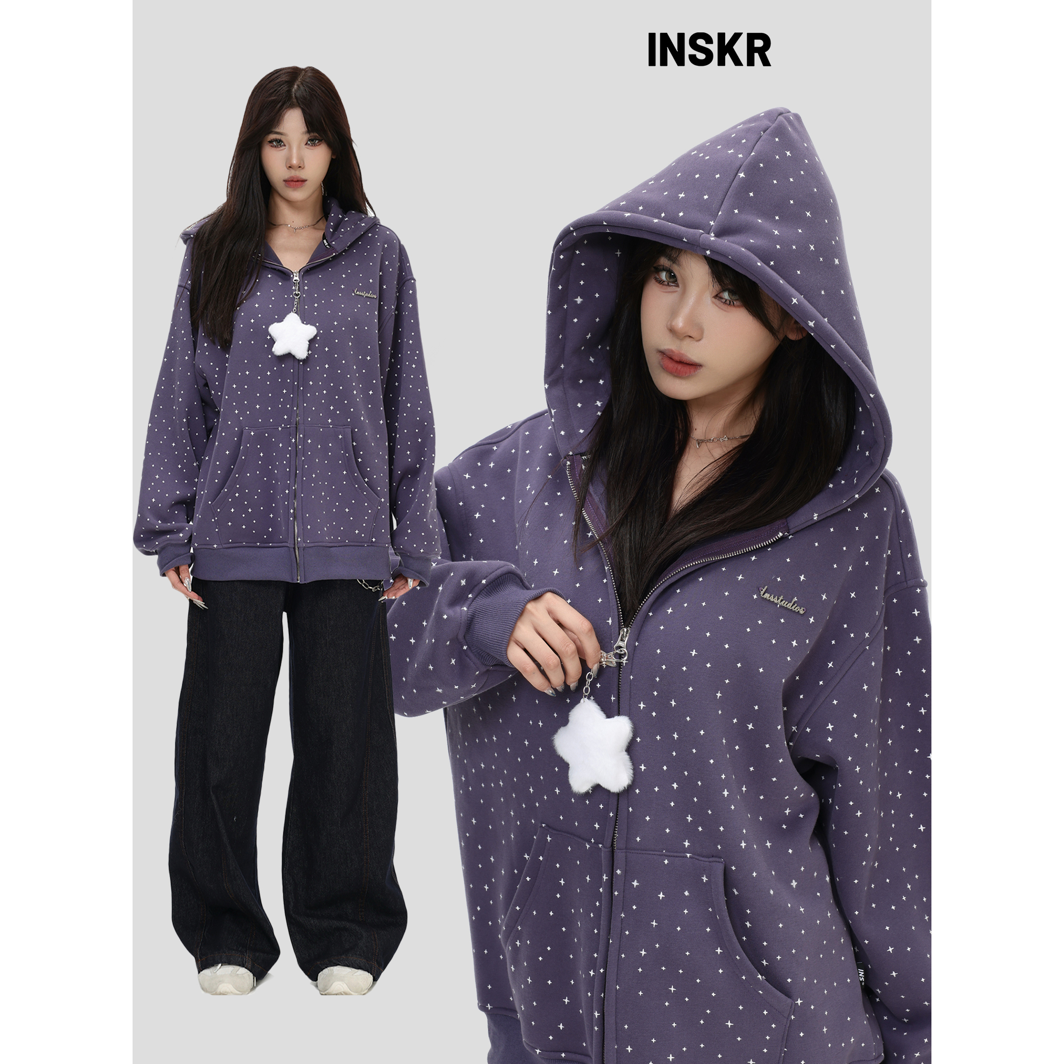 【INSKR】星星满印加绒连帽卫衣