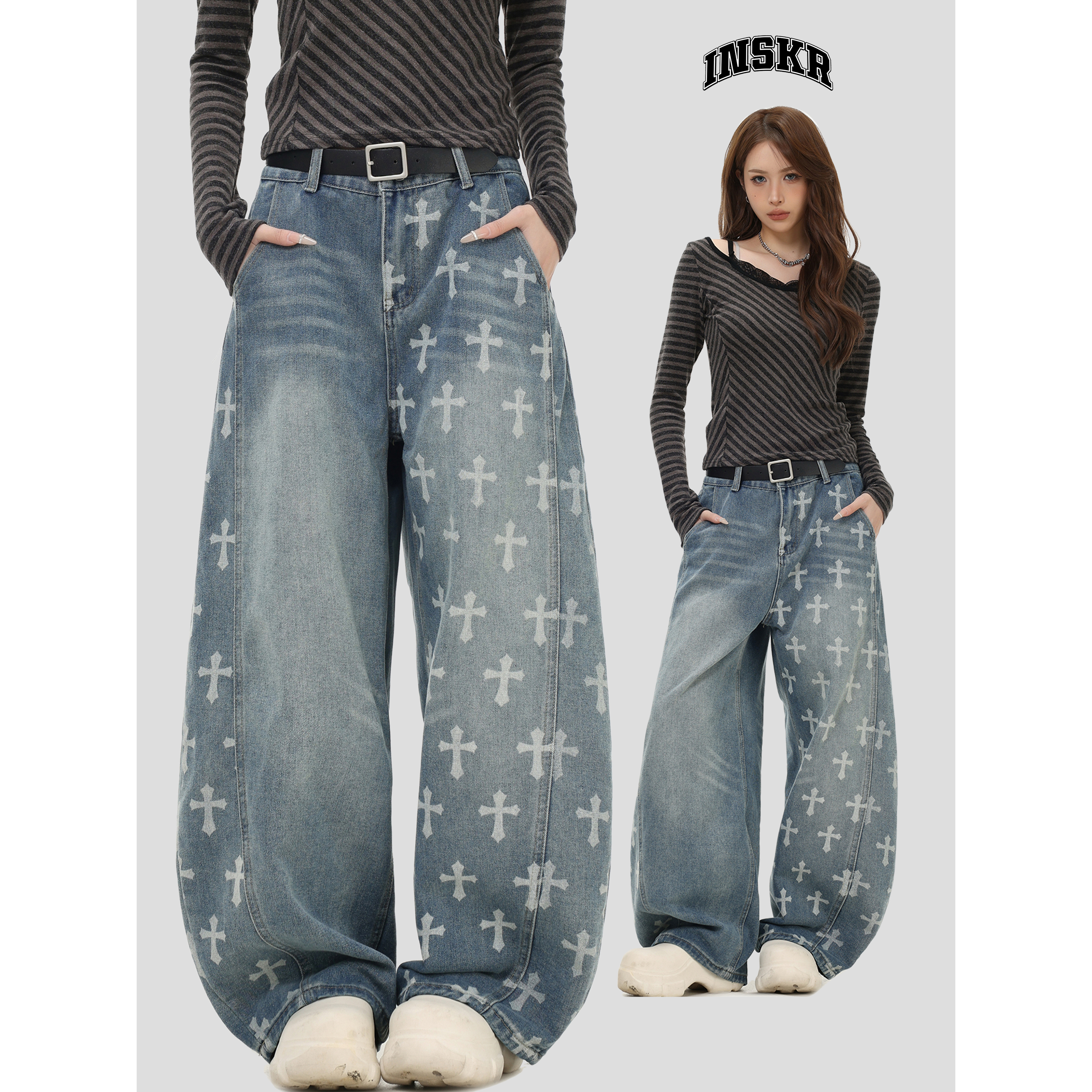 【INSKR】复古十字架印花牛仔裤