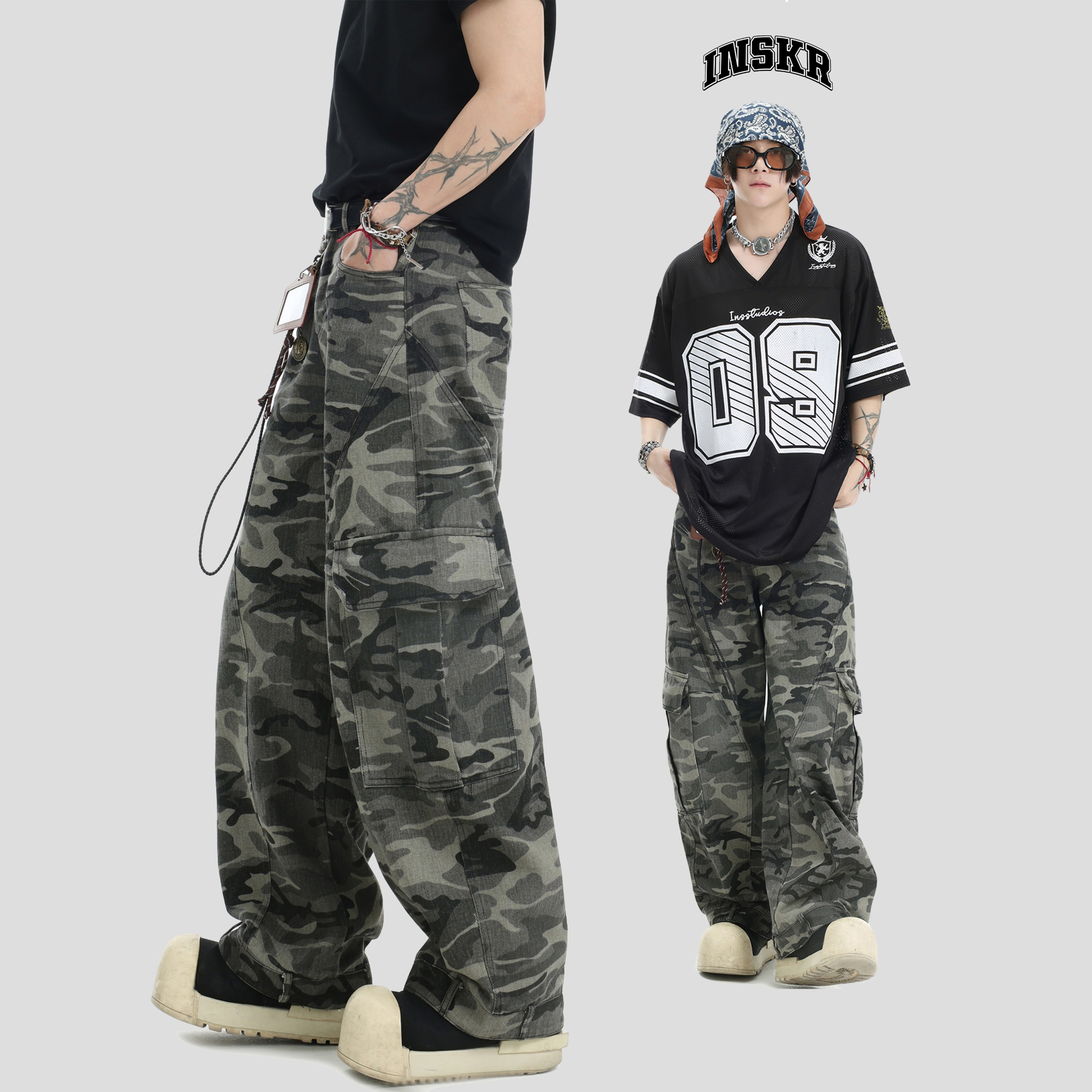 【INSKR】设计感倒装弯刀迷彩裤