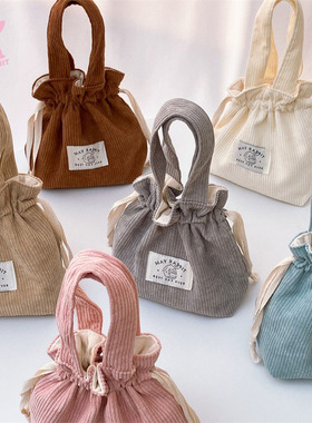 七公主的口袋 韩系灯芯绒抽绳褶皱手提包百搭束口袋外出杂物包
