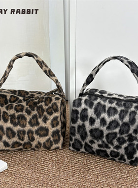 MAYRABBIT 秋冬新款毛绒豹纹手提包大容量托特包便携杂物收纳包女