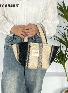 MAYRABBIT 新款毛绒复古格纹手提包轻便外出购物袋便携百搭通勤包