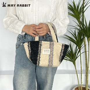 MAYRABBIT 毛绒复古格纹手提包轻便外出购物袋便携百搭通勤包 新款