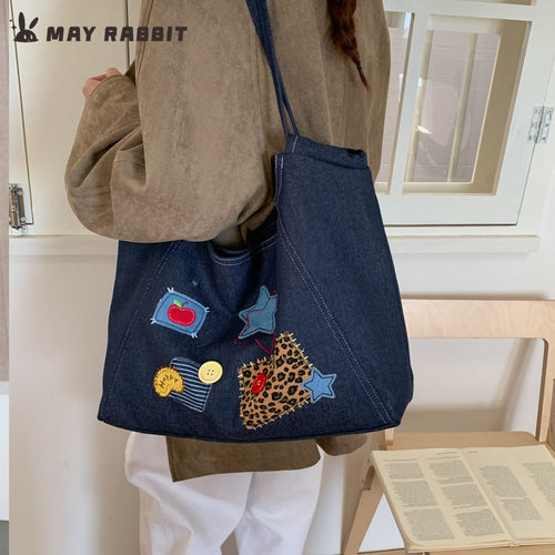 MAYRABBIT新款复古牛仔单肩包女大容量通勤包休闲百搭托特手提包 - 封面