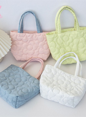 七公主的口袋 马卡龙撞色绗棉花朵手提包简约韩风纯色便当手拎袋