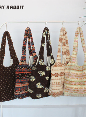 MAYRABBIT 秋冬毛绒单肩包复古韩系波点托特包大容量外出购物包女
