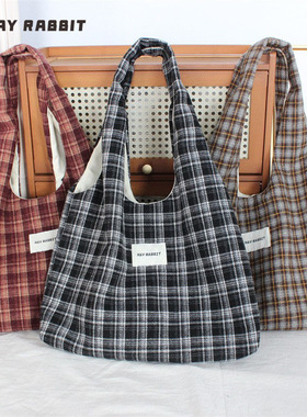 MAYRABBIT 新款毛呢格纹单肩包复古简约托特包大容量背心包帆布包