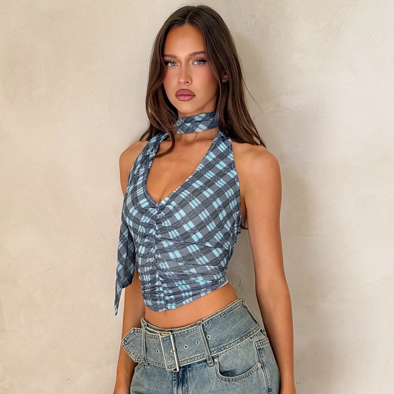 过渡性感欧美新款时尚法式复古挂脖吊带背心性感修身显瘦百搭上衣