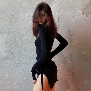 过渡性感ZONE法式 抽褶开叉包臀连衣裙舞蹈室练舞显瘦收腰黑裙 长袖