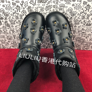 欧洲站冬季 7cm内增高雪地靴女 4寸黑色防水牛皮花朵真皮厚底短靴