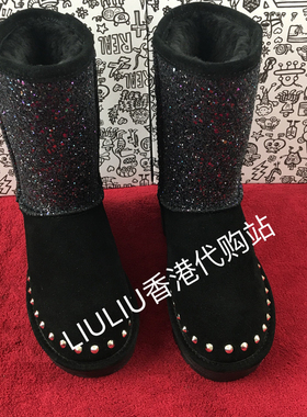 冬季磨砂皮四寸黑色真皮铆钉拼接中筒7cm内增高厚底保暖雪地靴女