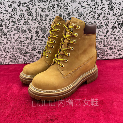 隐形内增高8CM厚底真皮大黄靴