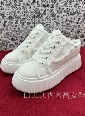 【隐形内增高8CM】春夏新品白色帆布休闲超轻款厚底饼干包头半托