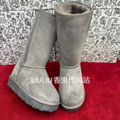 冬季 真皮套筒隐形内增高9cm高筒女长款 加绒灰色保暖厚底雪地女靴