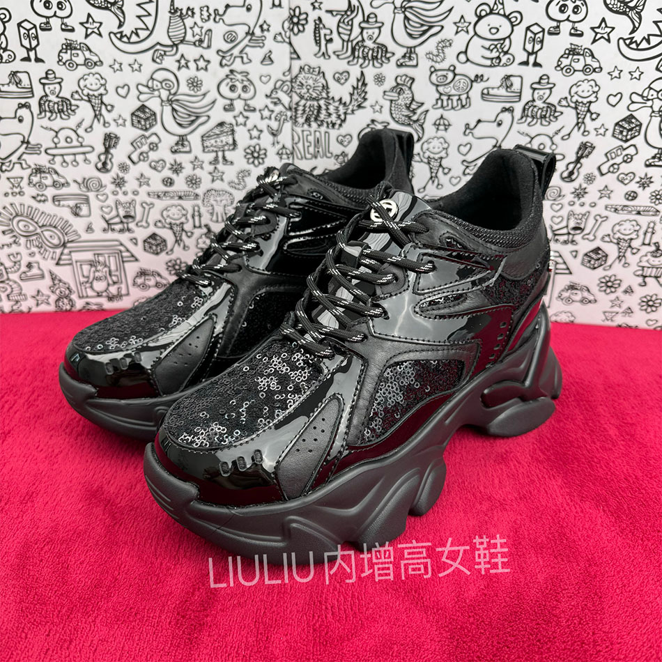 黑色真皮珠片老爹鞋内增高9cm