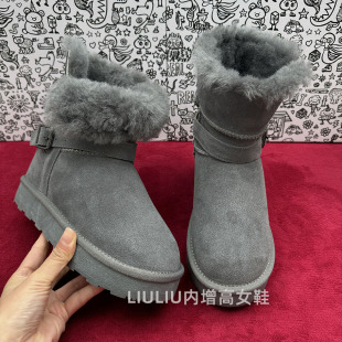 加绒保暖短靴灰色皮带扣两穿厚底雪地靴女 冬季 隐形内增高7CM