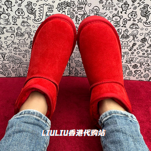 4寸红色牛皮mini低筒隐形内增高厚度7CM真皮保暖雪地靴 周冬雨同款
