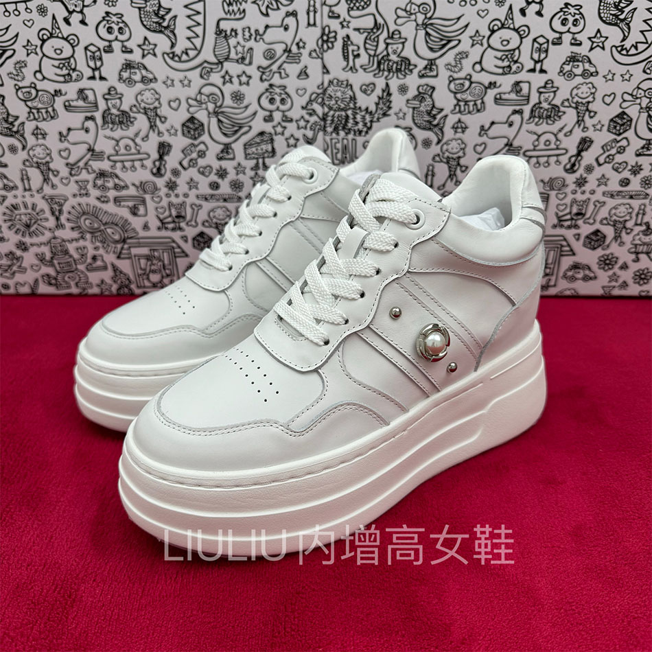 内增高9cm真皮白色女休闲板鞋