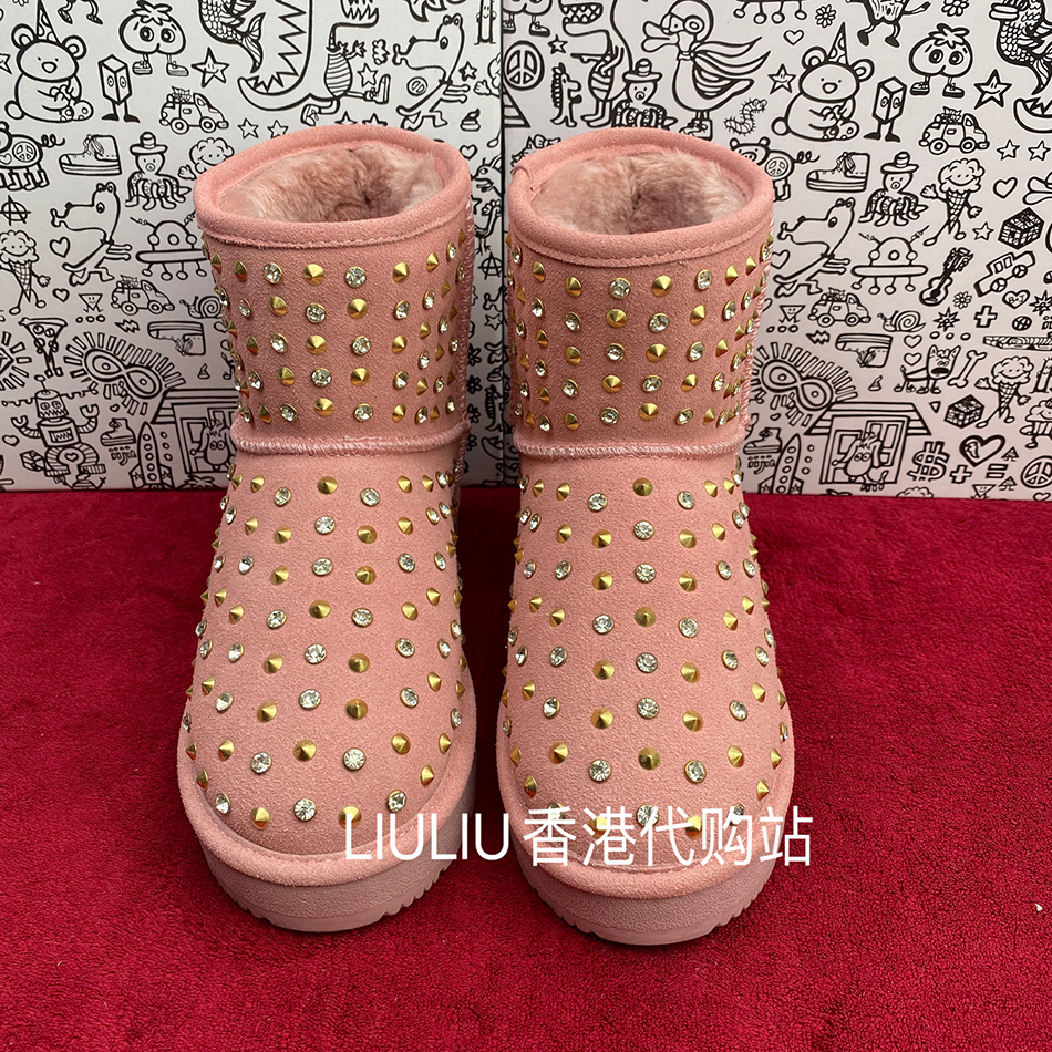 粉色铆钉加钻厚底真皮内增高