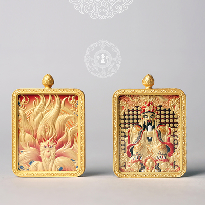 九尾狐龙五财神爷双面纯手工唐卡