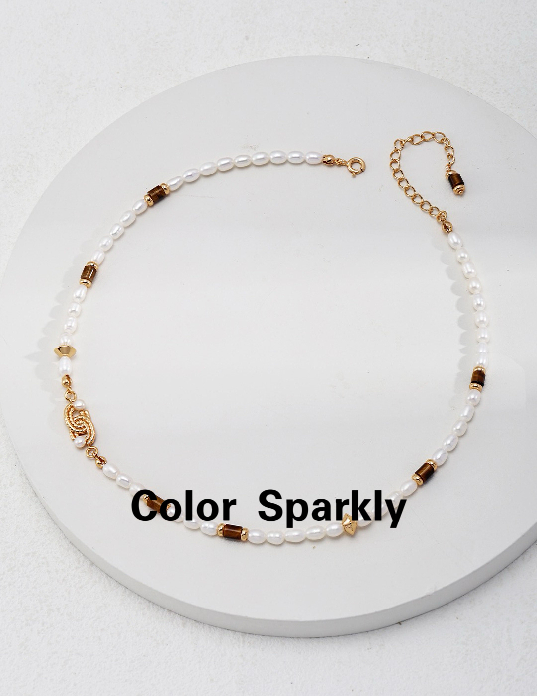 Color Sparkly小众轻奢设计天然珍珠虎眼石串珠项链 复古锁骨链