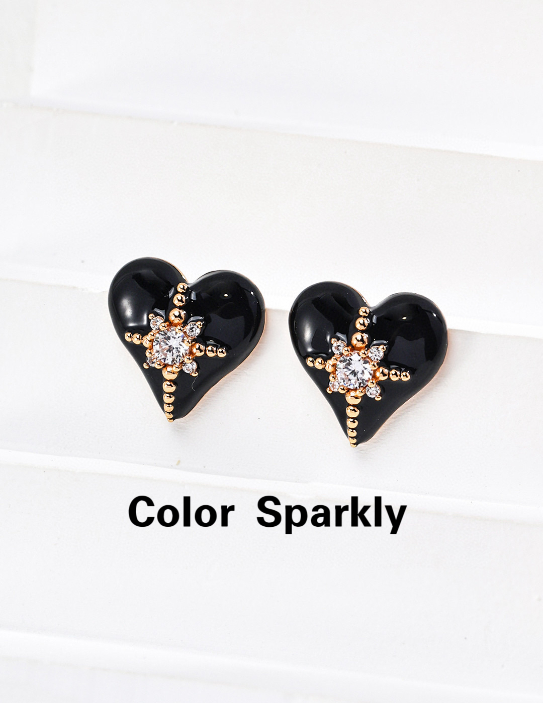 Color Sparkly高级感轻奢S925银针黑色滴釉锆石爱心耳钉女气质