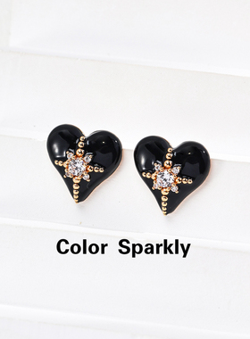 Color Sparkly高级感轻奢S925银针黑色滴釉锆石爱心耳钉女气质