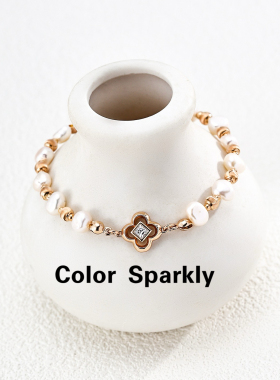 Color Sparkly 925银镀金简约设计四叶草珍珠手链女高级感手饰