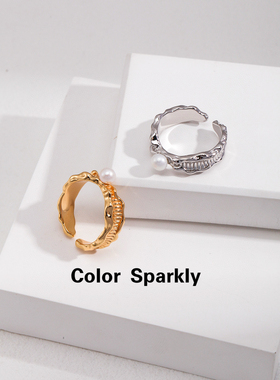 Color Sparkly小众设计感S925银戒指女轻奢高级感珍珠戒指开口