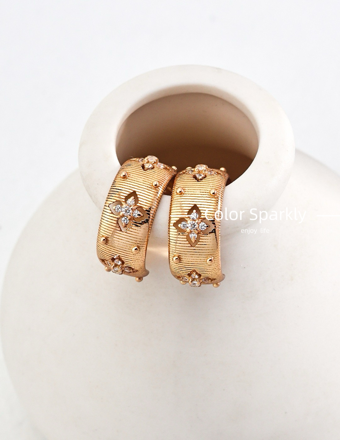 Color Sparkly新中式简约C字锆石耳饰时尚复古镂空925纯银耳环